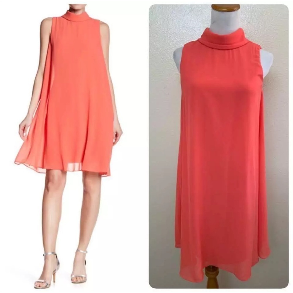Eliza J Sheath Formal Chiffon Overlay Mini Dress Mock Neck Size 8 coral
